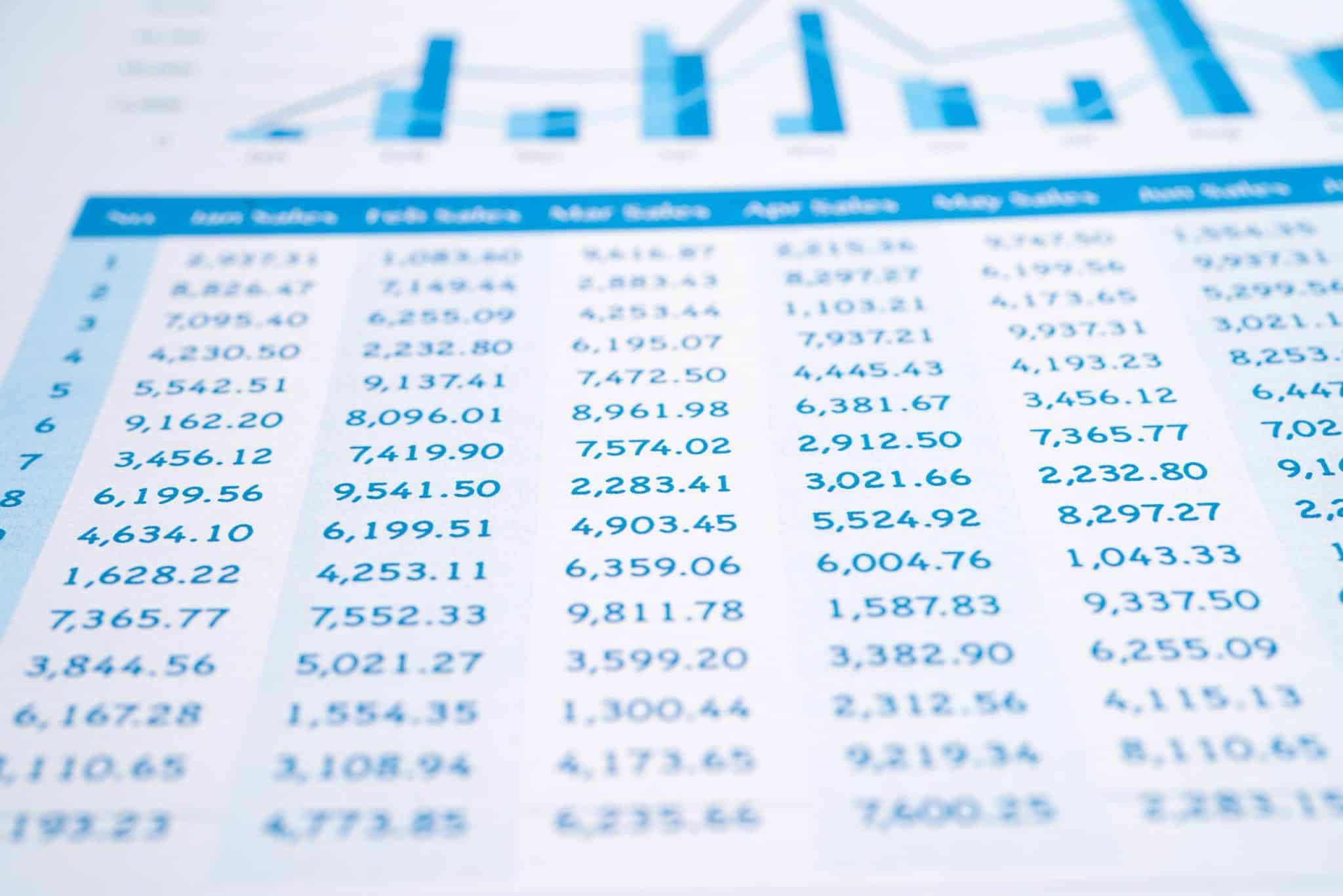 Spreadsheet table paper. Finance development, Banking Account, S