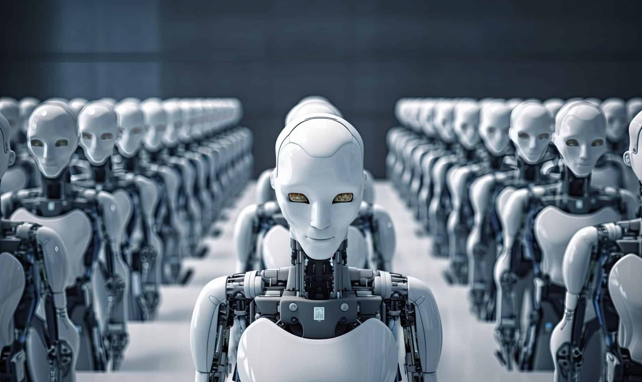 3D humanoid robot machine, abstract machine learning digital technology