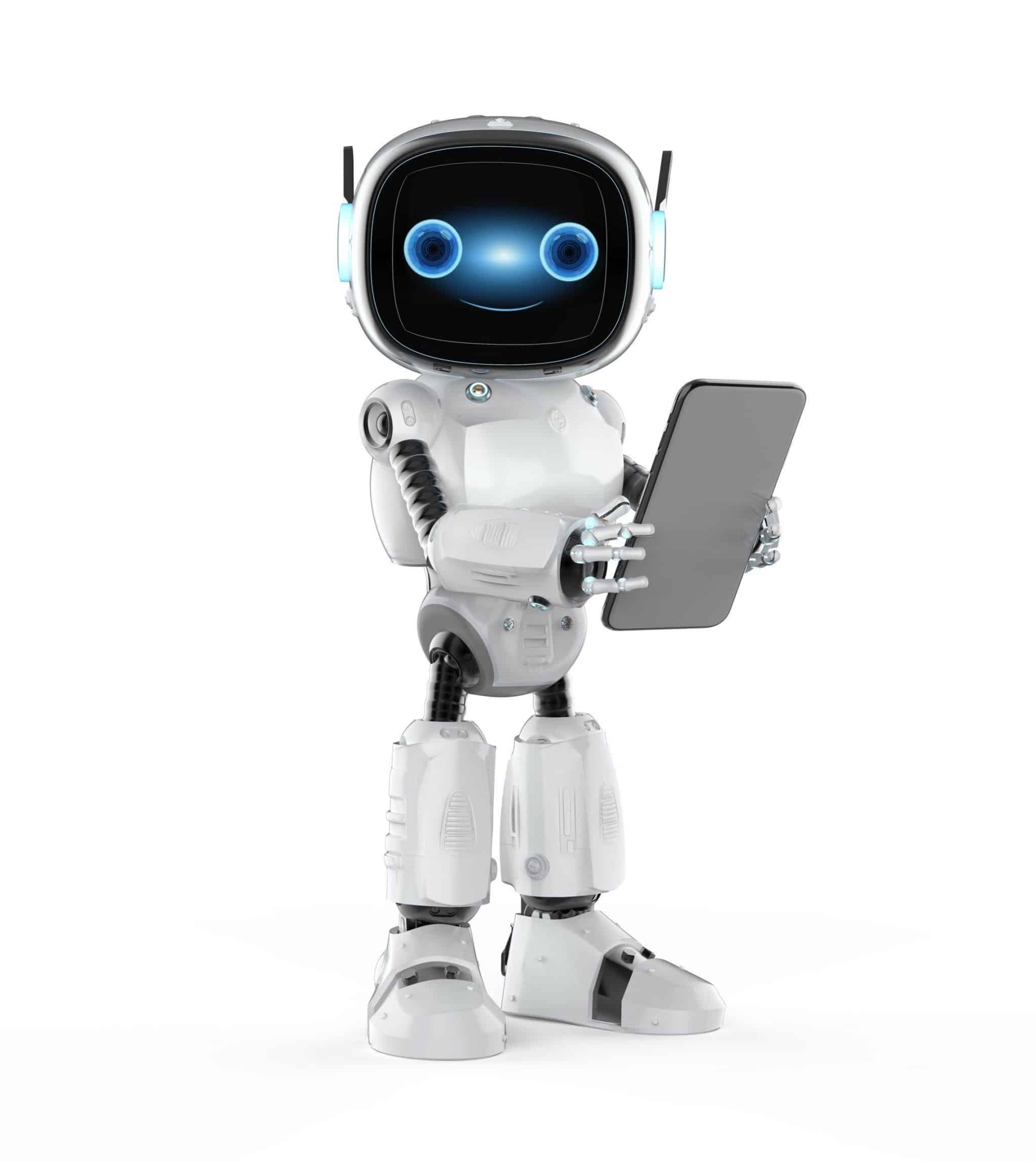 Small robot assistant hand hold digital tablet